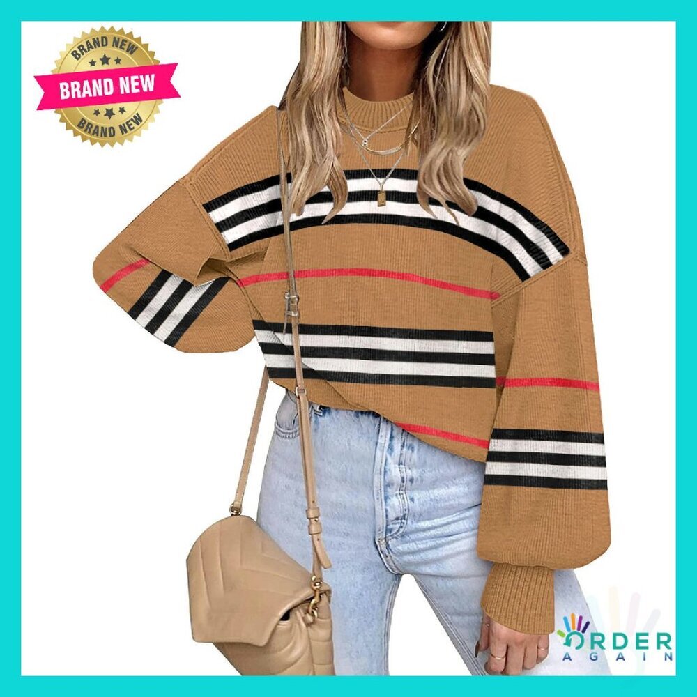 Oversized Batwing Sweater Pullover Crew Neck Striped Y2k Chic Fall Winter